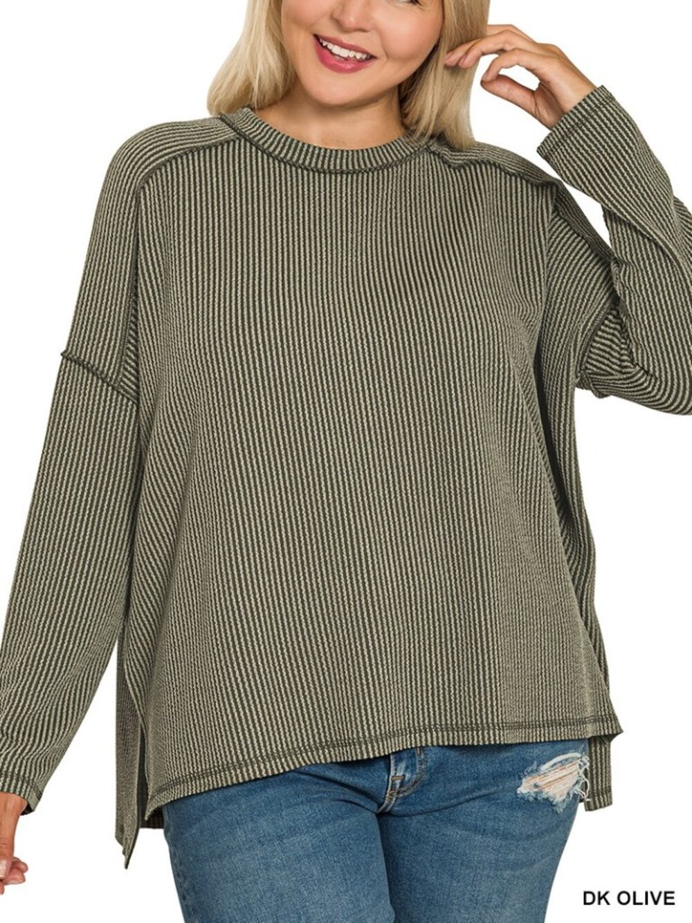 Plus Raised Rib Raw Edge Boat Neck Long Sleeve Top-Olive